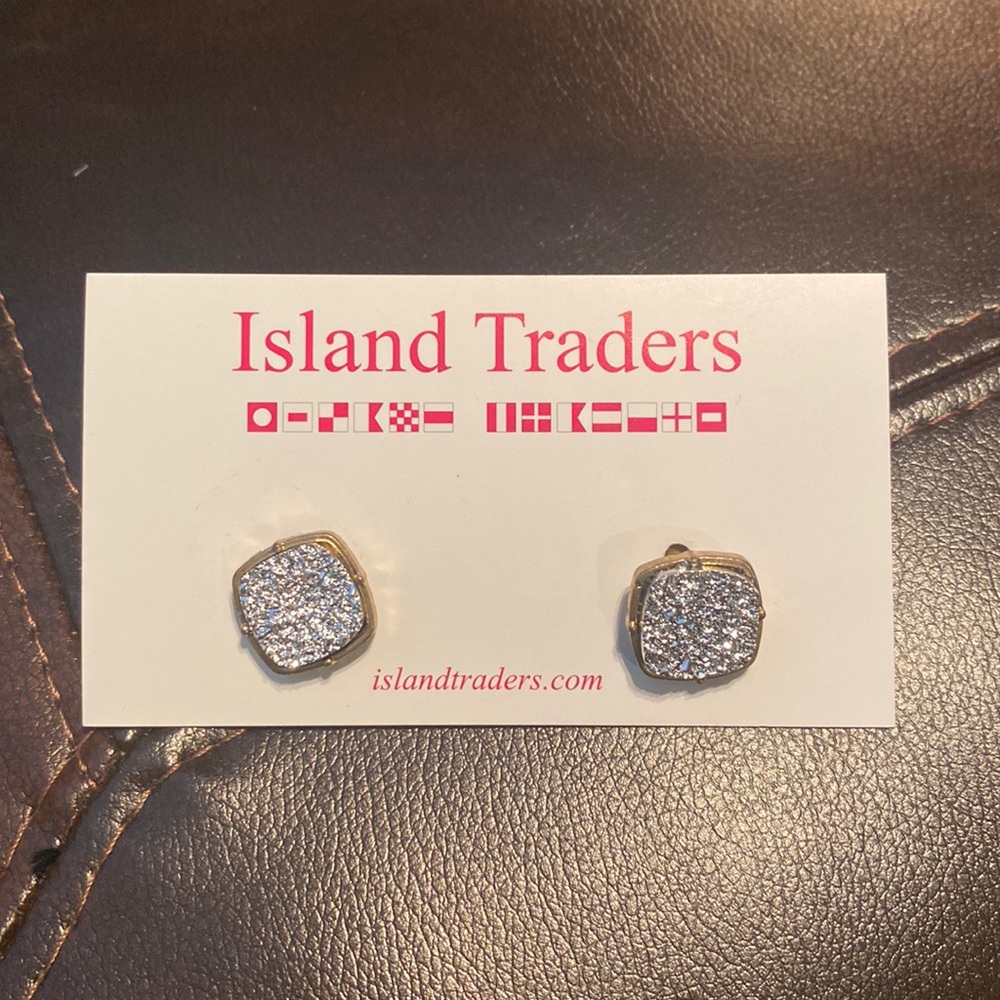NWT Silver Druzy with Gold Frame Square Earrings